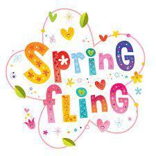 colorful words "spring fling: in a flower with small hearts and flowers around it