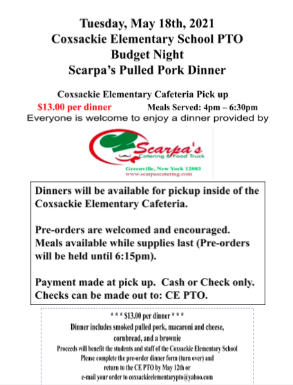 May 18th Scarpa's Pulled Pork Dinner